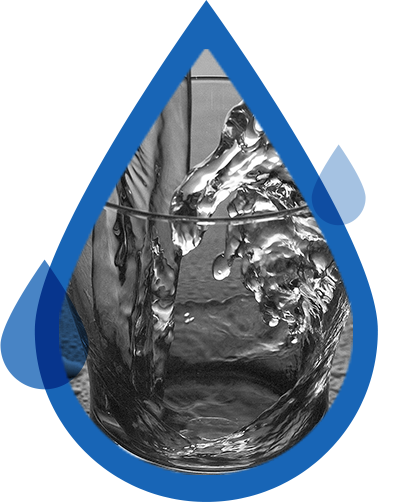 a blue water droplet graphic with an image of water being bored inside of it